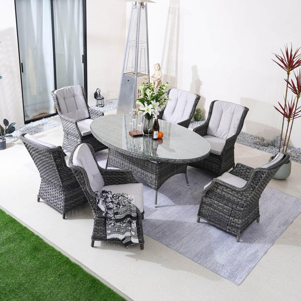 Team 7-Piece Grey Wicker Oval Outdoor Dining Set with Grey Cushions price history on PriceWatchPro