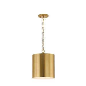 Bandeau 1-Light Aged Brass Finish Shaded Pendant Light with White Inside Metal Shade