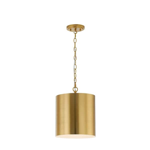 Home Decorators Collection Bandeau 1-Light Aged Brass Finish Shaded Pendant Light with White Inside Metal Shade