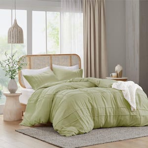 Porter 3-Piece Sage Microfiber Queen Soft Washed Pleated Duvet Cover Set