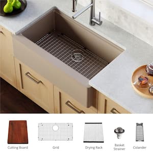 QAWS- 740 Quartz 34 in. Single Bowl Farmhouse Apron Front Workstation Kitchen Sink in Concrete