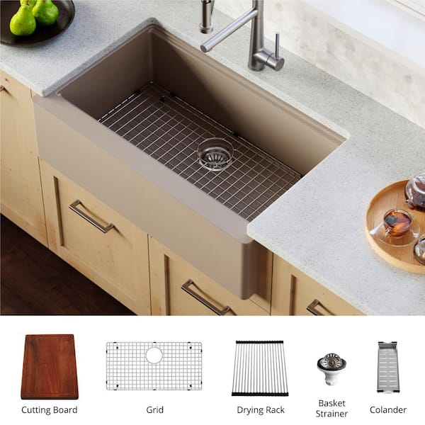 Transolid SilQgranite Cafe Latte Granite Composite 33 in. Single Bowl Farmhouse Apron Kitchen Sink with Accessories