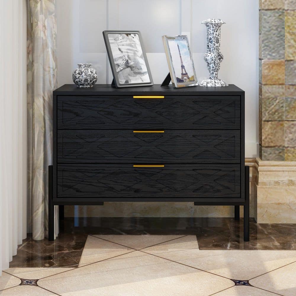 29.7 in. W x 23.6 in. H Black Rectangle Wood 3-Drawer End Table with Gold Handles, X-Carved Design and Raised Metal Legs