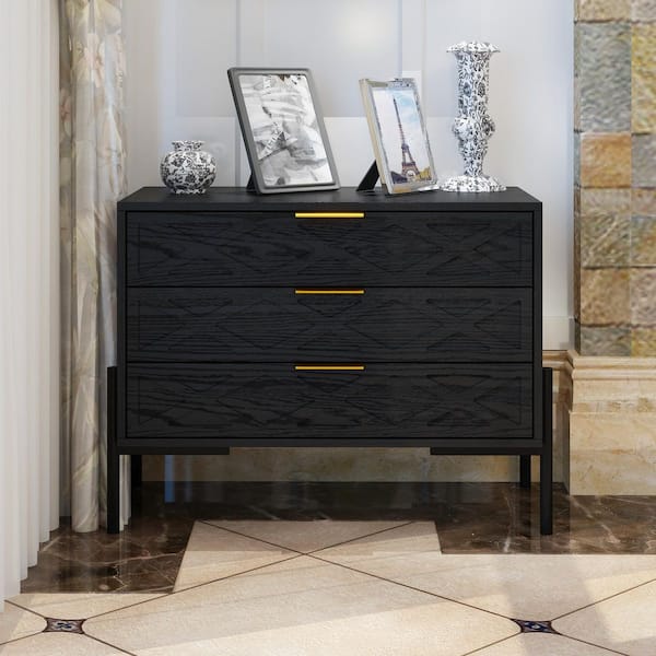 FUFU&GAGA 29.7 in. W x 23.6 in. H Black Rectangle Wood 3-Drawer End Table with Gold Handles, X-Carved Design and Raised Metal Legs