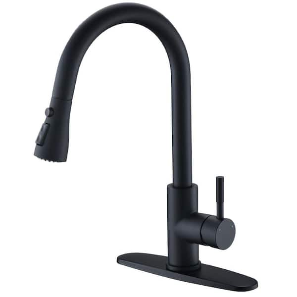 matrix decor Single Handle Deck Mount Gooseneck Pull Down Sprayer Kitchen Faucet in Matte Black