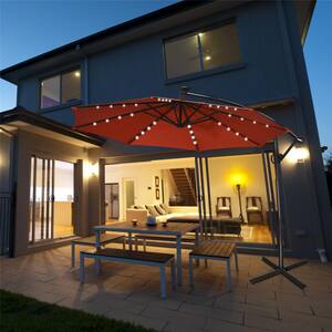 10 ft. Aluminum Offset Cantilever Solar Tilt Patio Umbrella LED Lights 360-Degrees Rotation Orange