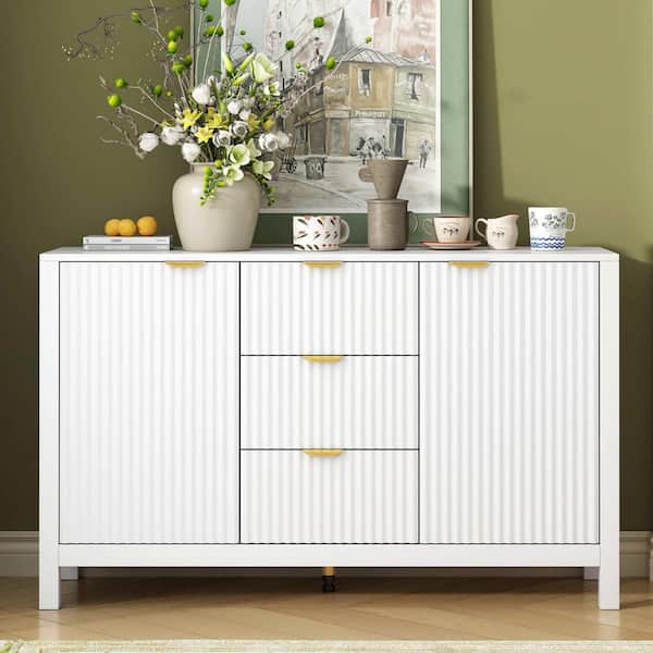 White Wood 47.2 in. Sideboards with Wave Design - 3 Adjustable Shelves, 3 Drawers & Soft-Close Doors