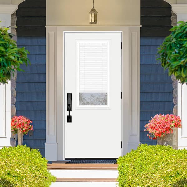Legacy 32 in. x 80 in. LHOS 2/3 Clear Glass Micro-Blind White Primed Fiberglass Prehung Front Door