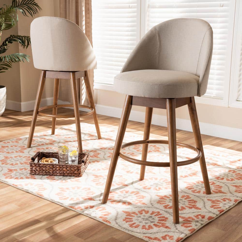 Light Beige Upholstered Walnut Wood Swivel Bar Stools, Set of 2