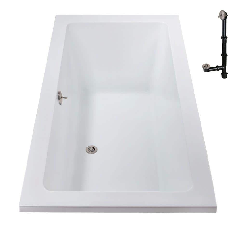 60" x 32" Glossy White Acrylic Soaking Drop-In Bathtub with Brushed Nickel Drain