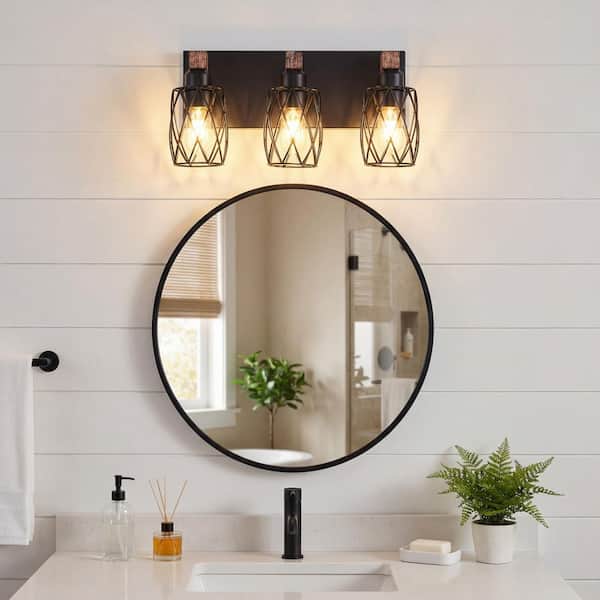 18 in. 3 Light Black Vanity Light Fixture Bathroom Over Mirror Wall Lights with Black Cage and Wooden Accents