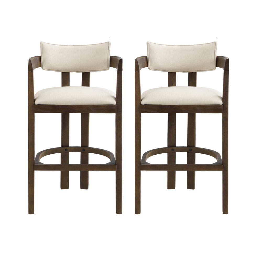 Corlas 30 in. Medieval Modern Upholstered Solid Wood Bar Stools with Footrest, Walnut + Beige, (Set of 2)