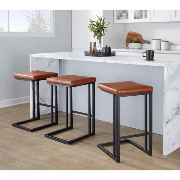 Roman 26 in. Fixed-Height Counter Stool in Black Metal and Camel Faux Leather (Set of 2)