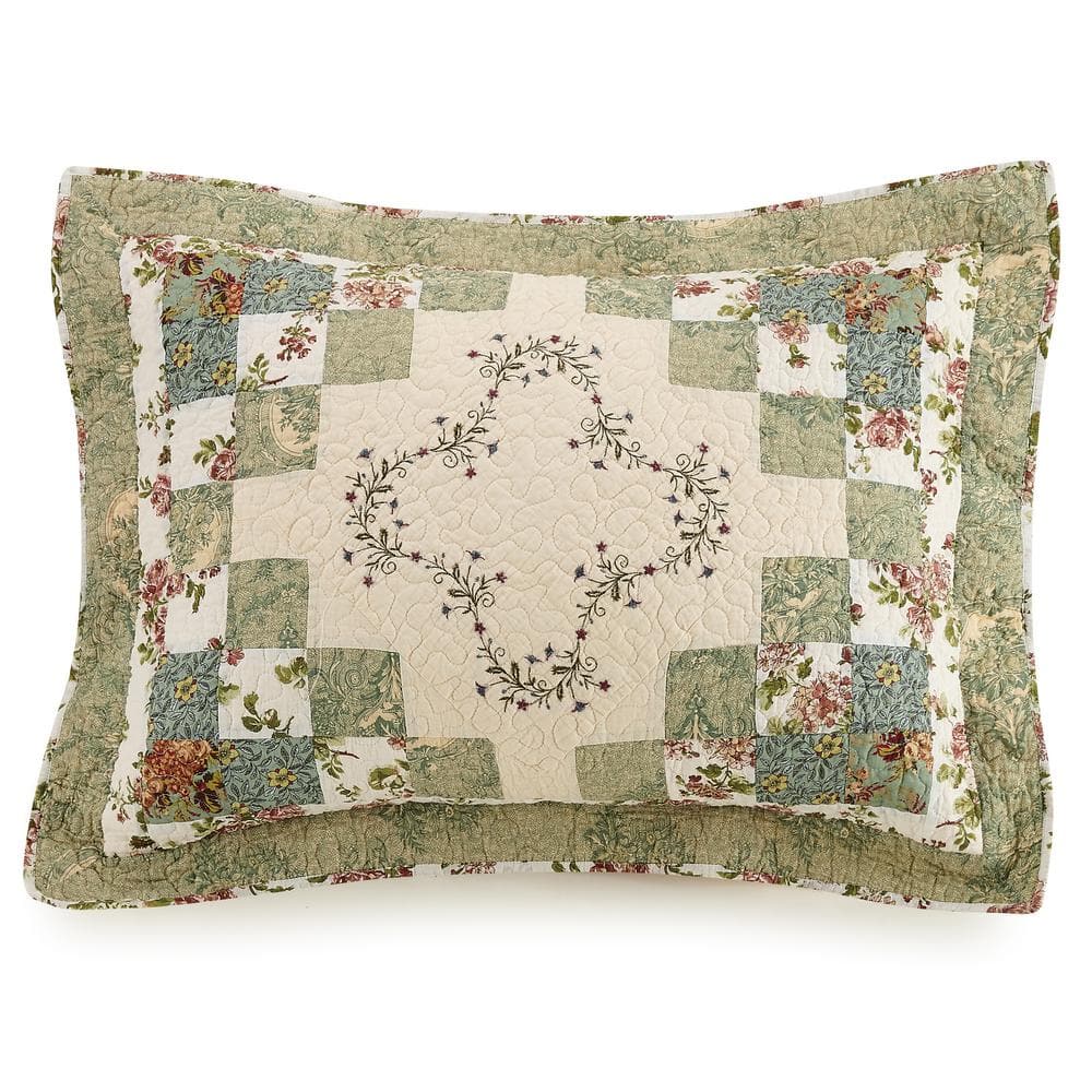 Olivia Green Floral Cotton Full Quilt Set