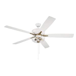 Super Pro-101 60 in. Indoor White/Satin Brass Heavy-Duty Dual Mount Ceiling Fan with Clear Glass Bowl Light Kit Included