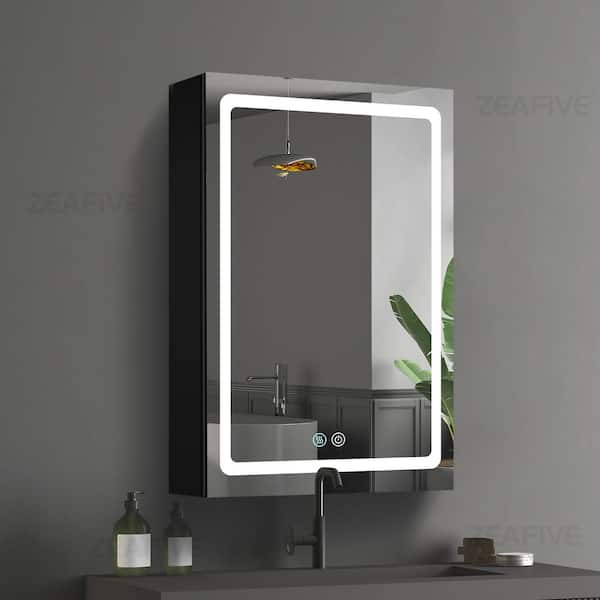 Zeafive 20 in. W x 30 in. H Surface Mount Rectangular Black Aluminum Defogging Lighted Bathroom Medicine Cabinet with Mirror