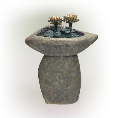 30 in. Tall Outdoor Pedestal Lotus Rock Waterfall Fountain with LED Lights