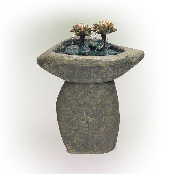 Alpine Corporation 30 in. Tall Outdoor Pedestal Lotus Rock Waterfall Fountain with LED Lights