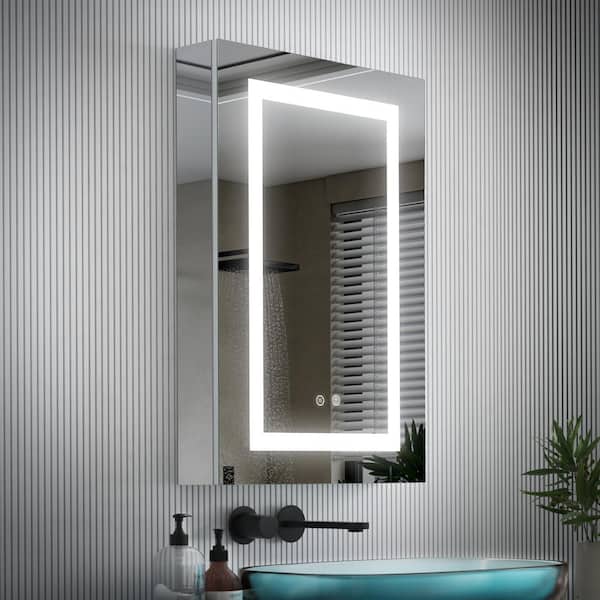 20 in. W x 30 in. H Rectangular Recessed/Surface Mount Right LED Medicine Cabinet with Mirror, Dimmer, Outlets, Defogger