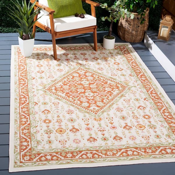 Sunrise Ivory/Rust Gold 8 ft. x 10 ft. Oversized Floral Reversible Indoor/Outdoor Square Area Rug