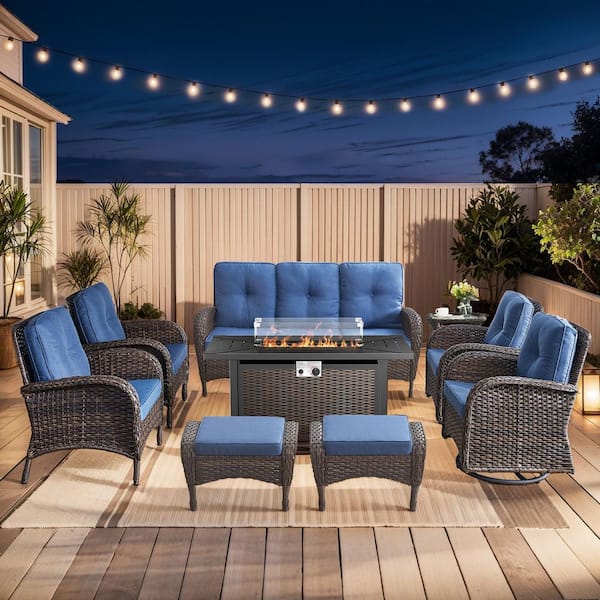 Bellefurn Rotavia Brown Wicker 9-Piece Outdoor Rectangular Fire Pit Table Patio Conversation Swivel Chair Set with Blue Cushions