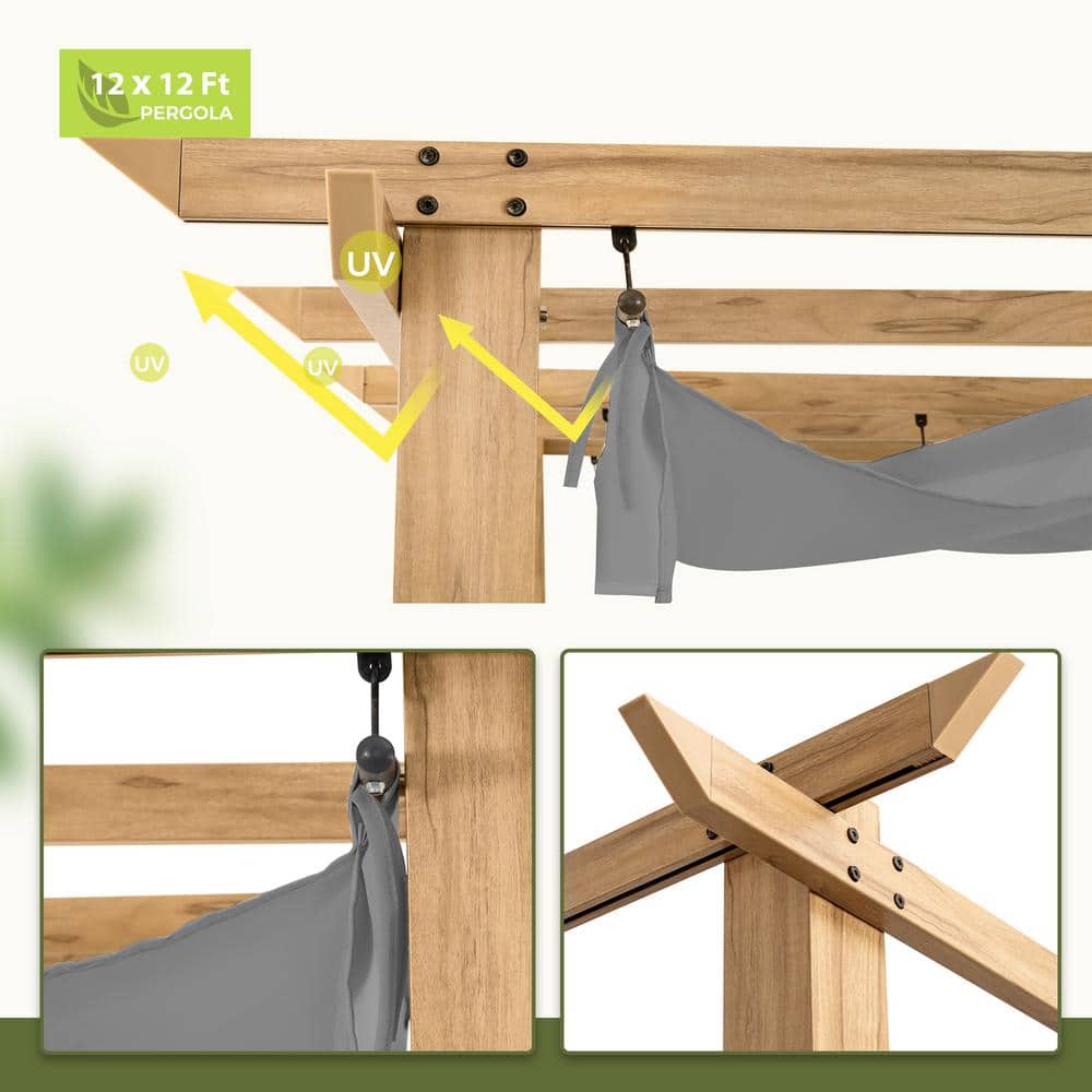 12' x 12' Woodgrain Aluminum Pergola with Gray Canopy