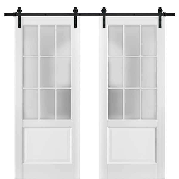Sartodoors 3309 56 in. x 80 in. 3/4 Lite Frosted Glass Matte White Finished Solid Wood Sliding Barn Door with Hardware Kit