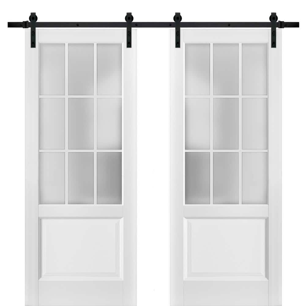 Sartodoors 3309 64 in. x 96 in. 3/4 Lite Frosted Glass Matte White Finished Solid Wood Sliding Barn Door with Hardware Kit