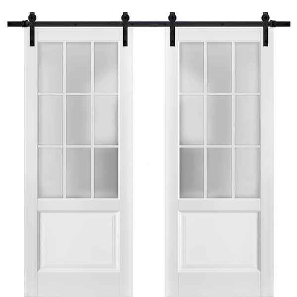 Sartodoors 3309 72 in. x 84 in. 3/4 Lite Frosted Glass Matte White Finished Solid Wood Sliding Barn Door with Hardware Kit