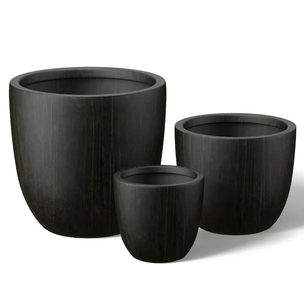 10 in. 14 in. 18 in. Bronzed Black Concrete Round Planter / Pot with Drainage Holes (Set of 3)