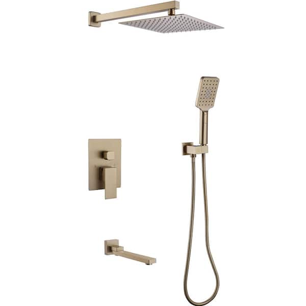 AIMADI Single Handle 3-Spray Tub and Shower Faucet 1.8 GPM Modern Brass Wall Mount Shower System in Brushed Gold Valve Included