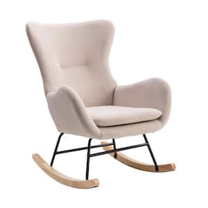 Beige Velvet Fabric Padded Seat Rocking Chair with High Backrest and Armrests