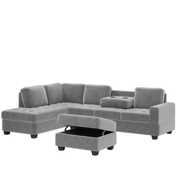 Harper & Bright Designs 112 in. Square Arm 5-Seater Convertible Sofa in Gray