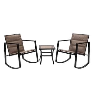 Retro Black 3-Piece Metal Patio Conversation Set Rocking Chairs with Tempered Glass Coffee Table