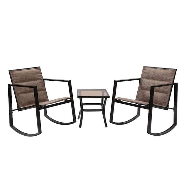 Amagenix Retro Black 3-Piece Metal Patio Conversation Set Rocking Chairs with Tempered Glass Coffee Table
