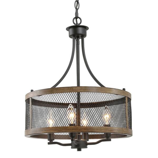 LNC Farmhouse 16 in. 4-Light Black Mesh Metal Modern Drum Island Chandelier Cage Pendant with Painted Walnut Wood Accents