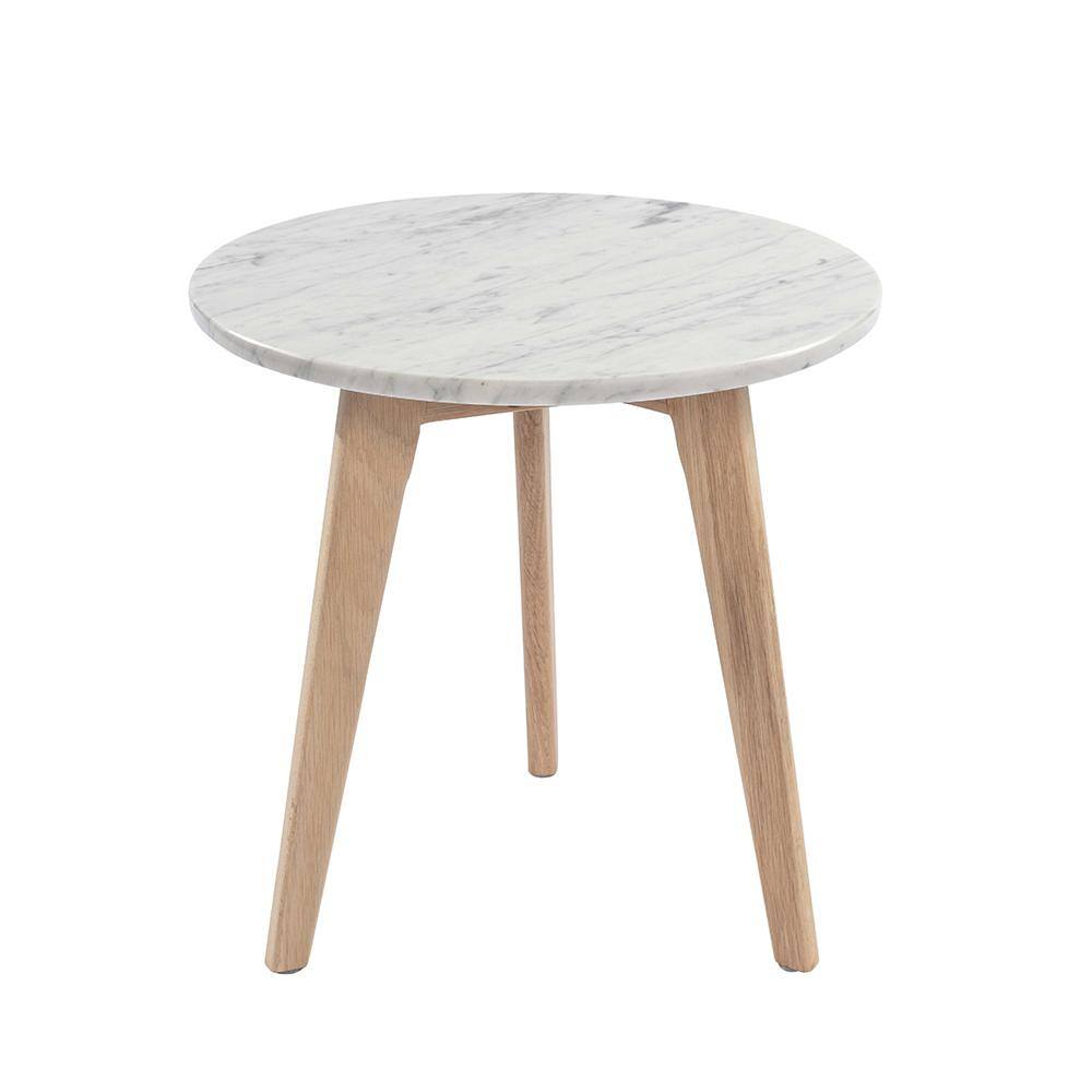 16" Round Italian Carrara White Marble End Table with Oak Finish