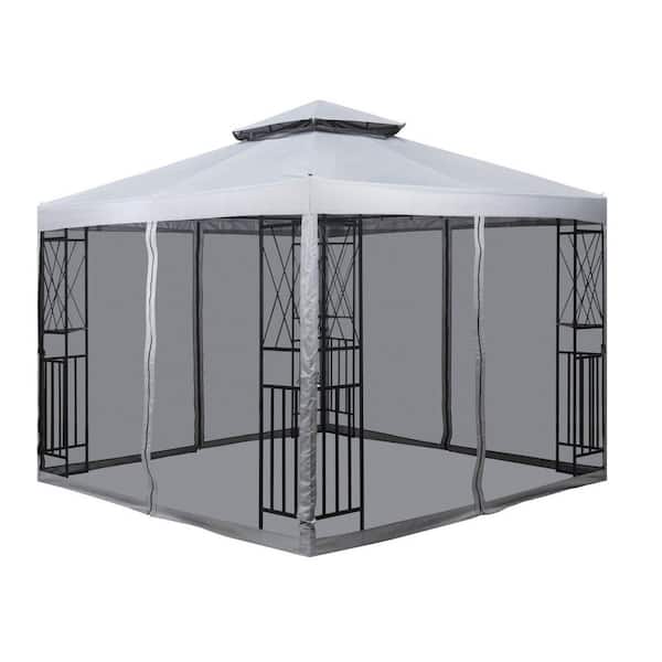 Tidoin 10 ft. x 10 ft. Light Gray Portable Gazebos with Mosquito Net and Corner Shelves