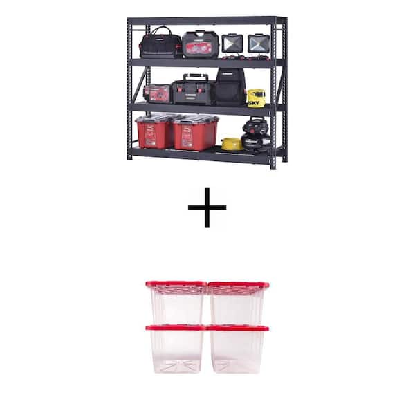4-Shelf Metal Garage Shelving Unit (77 in.x72 in.x24 in.) and 27 Gal. Clear Storage Tote with Red Lid Combo (4-Pack)