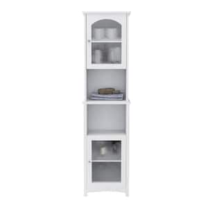 Modern White Narrow Tall Slim Floor Cabinet with 2 Glass Doors and Adjustable Shelves for Bathroom, Entryway, Kitchen