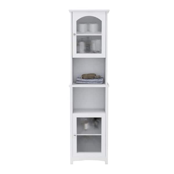 URTR Modern White Narrow Tall Slim Floor Cabinet with 2 Glass