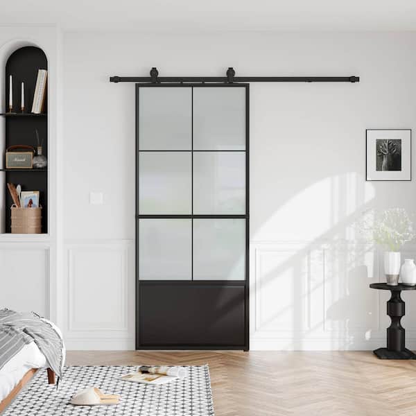 36 in. x 84 in. 3/4 Lites Frosted Glass Black Steel Frame Interior Barn Door with Sliding Hardware Kit