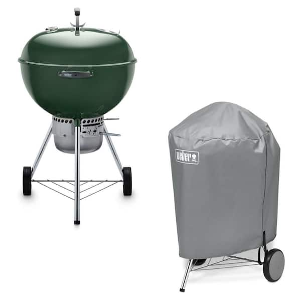 Original Kettle Premium 22 in. Charcoal Grill in Green with Built-In Thermometer with Gray Grill Cover