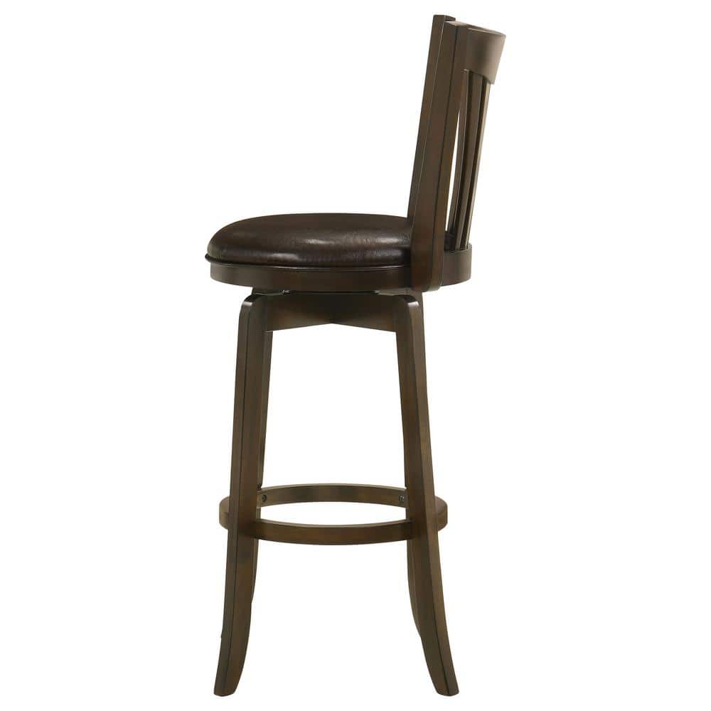 Dark Brown Wood Swivel Bar Stool with Faux Leather Seat