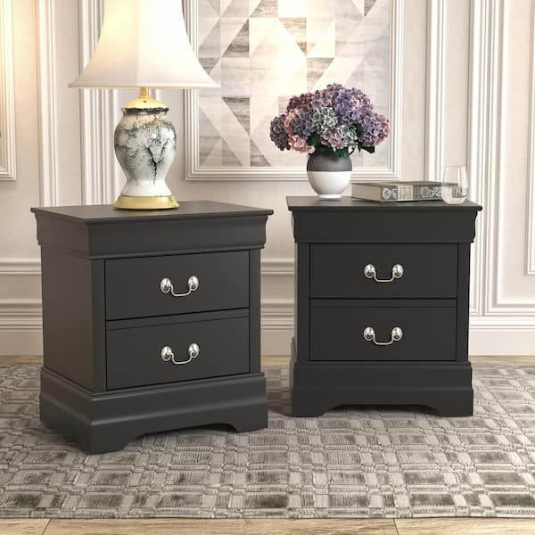 GALANO Louis Philippe 2-Drawer Black Nightstand Sidetable Ultra