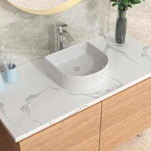 13.6 in. Semi-Round Ceramic White Bathroom Vessel Sink Vertical Stripe Art Basin