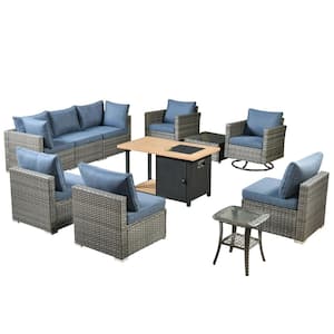 Sanibel Gray 11-Piece Wicker Outdoor Patio Conversation Sofa Set with a Storage Fire Pit and Denim Blue Cushions