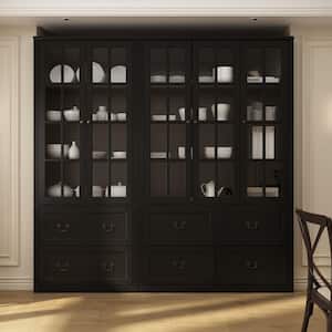 Black Wood Combination Cabinet Storage Cabinet Freestanding Display Cabinet With 5 Tempered Glass Doors and 6-Drawers