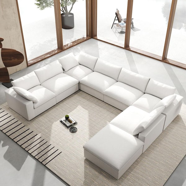 J&E Home 157.3 in. Square Arm 8-Piece Linen Modular Deep Seat U-Shaped Sectional Sofa in White with Ottoman and Slipcover