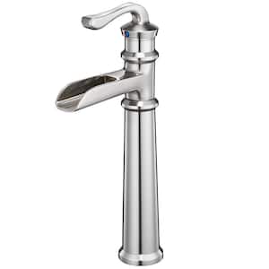 Waterfall Single Handle Single-Hole Bathroom Waterfall Vessel Sink Faucet with Hot and Cold Holes in Brushed Nickel